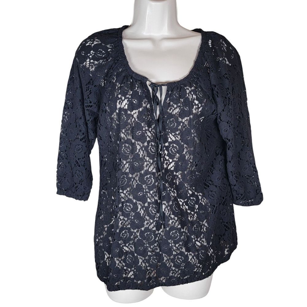 Tommy Bahama Womens Size XS Black Floral Lace Top‎ Blouse Shirt See Thru